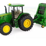 Miniatura Trator 7270r + Enfardadeira 560r John Deere 1/32 Cor Verde-escuro